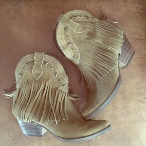 Very Volatile Olive Green Fringe Booties